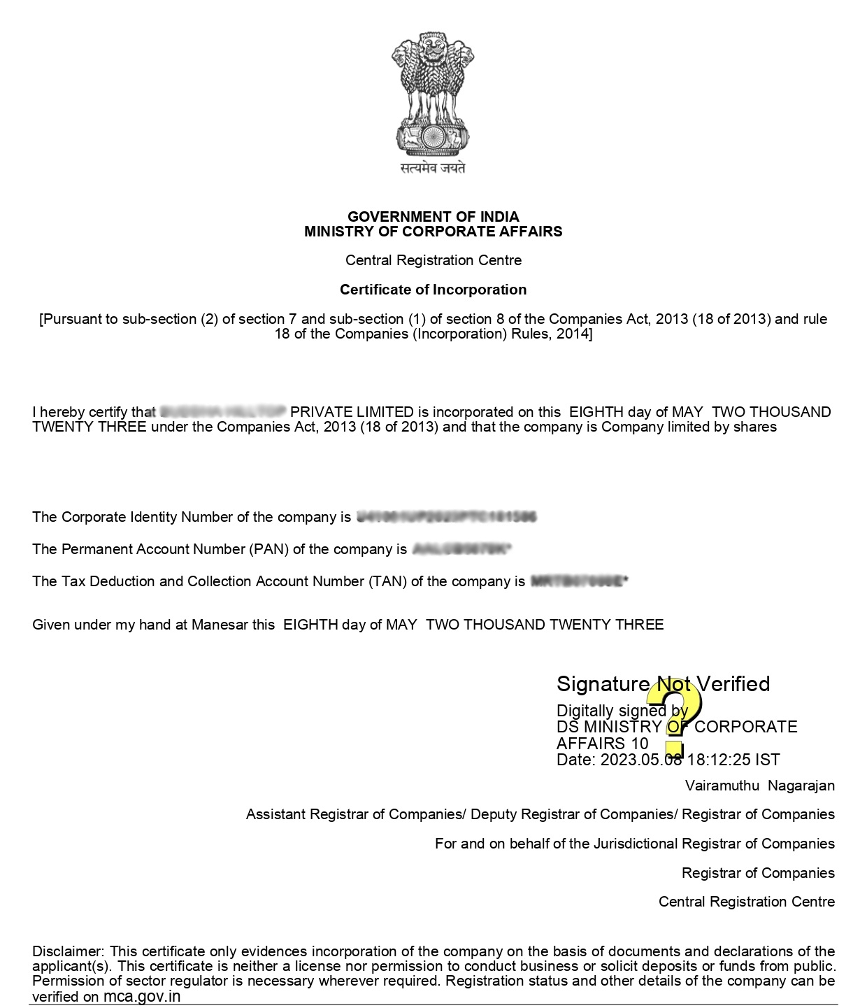 Pvt Ltd Company Certificate Sample